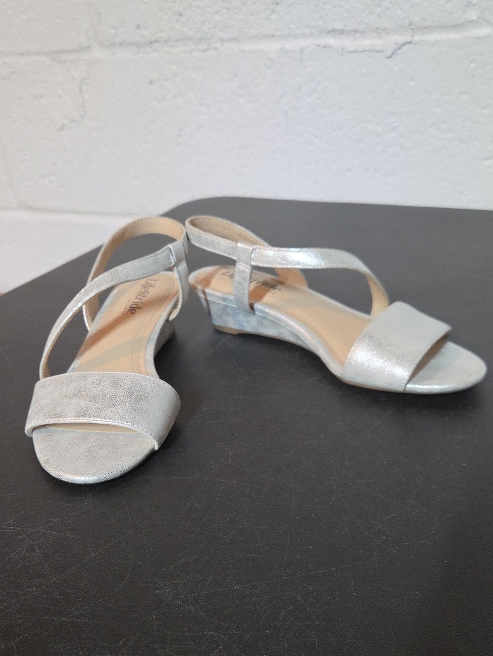 Life Stride Silver Low Wedge Strappy Sandals
